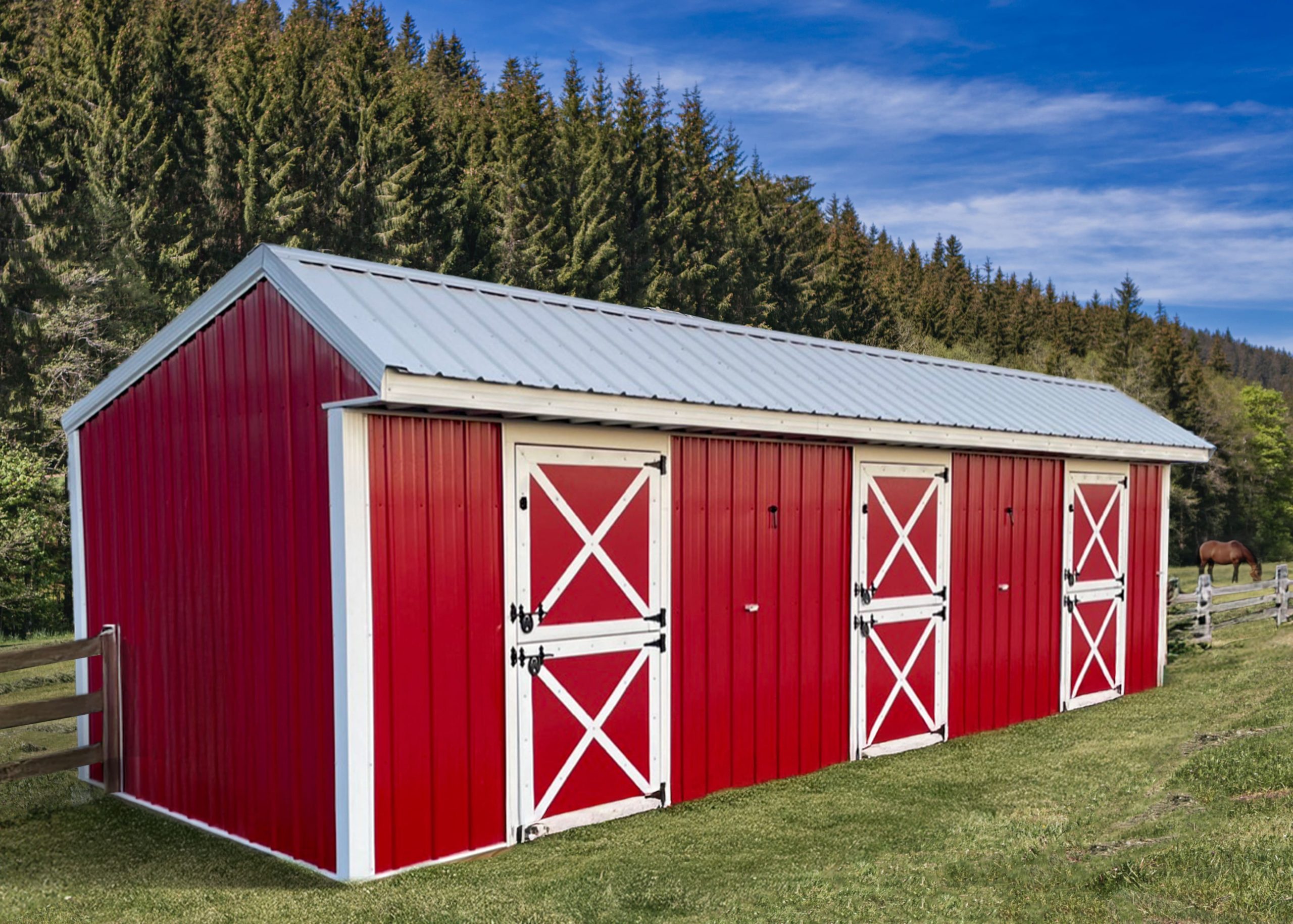 A red horse barn with white frames.