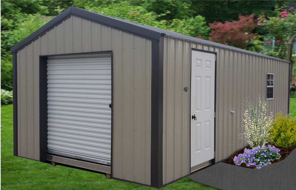 A grey classic shed with white garage door and a white side door.