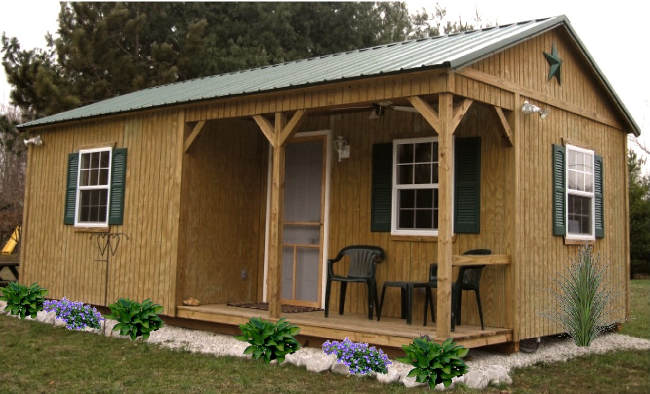 A rustic wooden cabin with a green metal roof, small porch with two chairs, and surrounding greenery and flowers, conveying a peaceful, rural vibe.