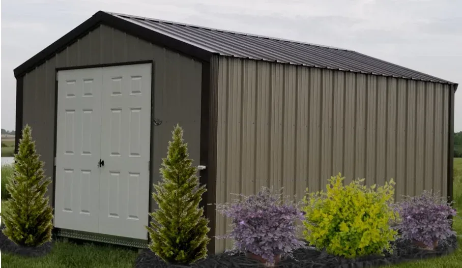 A grey classic shed with white doors