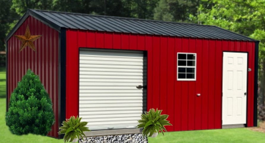A red metal shed with a black roof features a white garage door, a window, and a side entrance. A decorative star, shrubs, and ferns adorn the exterior.